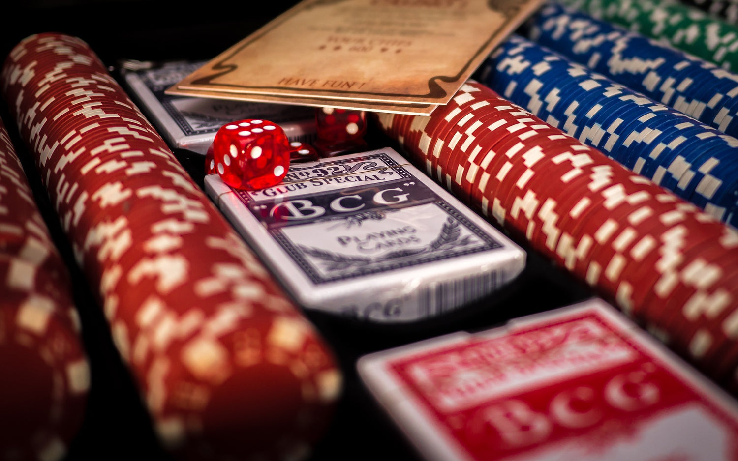 Poker chips cards and a dice